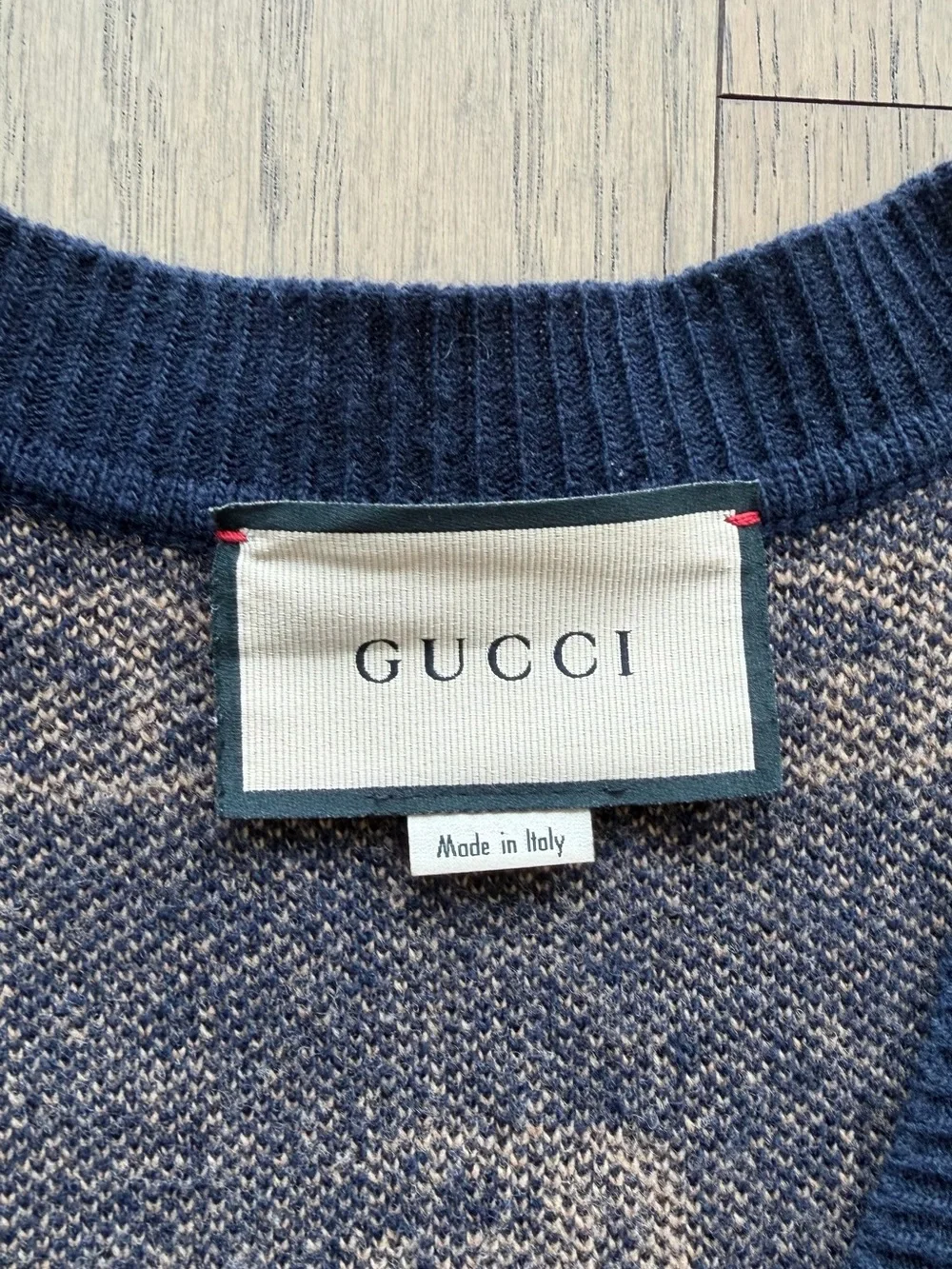 Gucci Navy and Beige 100% Wool GG Logo Cardigan